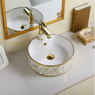 CHẬU LAVABO ĐẶT BÀN L15D TRÒN HOA VĂN VÀNG