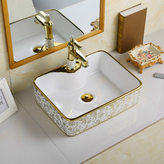 CHẬU RỬA LAVABO ĐẶT BÀN L12D CHỮ NHẬT VIỀN VÀNG