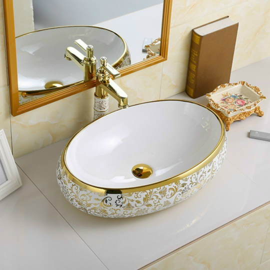 CHẬU LAVABO ĐẶT BÀN LB09 TRÒN OVAL HOA VĂN VÀNG