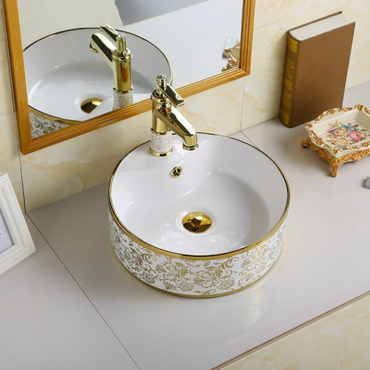 CHẬU LAVABO ĐẶT BÀN L15D TRÒN HOA VĂN VÀNG